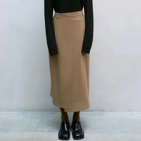 NWT Cordera Straight Tailoring deconstructed Asymmetrical Skirt Camel - Picture 2 of 13